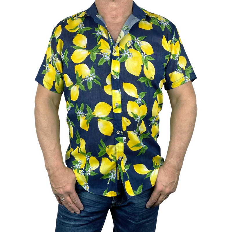 Citrus Abstract Cotton Voile S/S Big Mens Shirt - Navy/Yellow