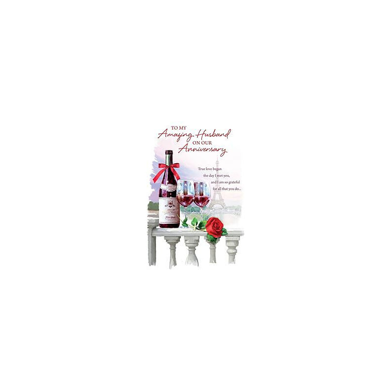 Anniversary Husband Wine and Glasses on Ledge Greeting Card