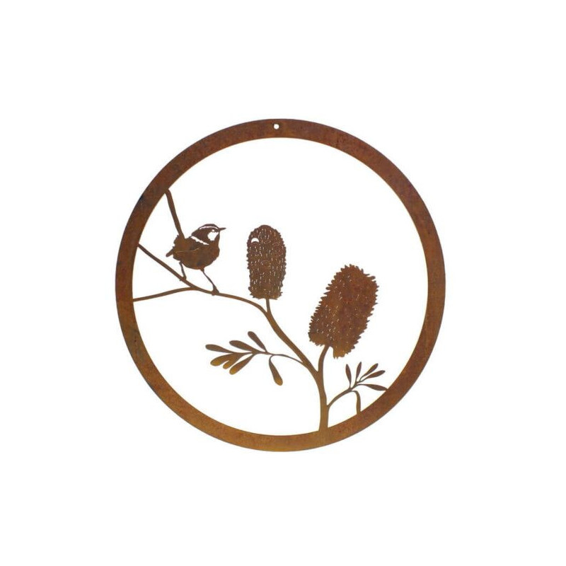 Banksia and wren metal garden wall art