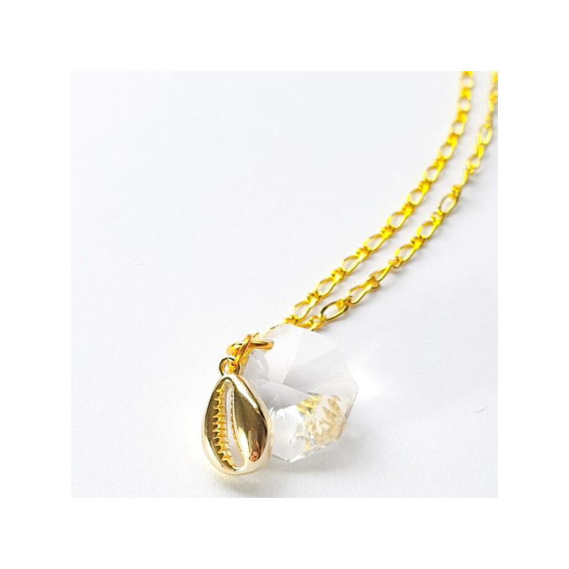 Cowri Shell Necklace With 18K Gold Plated Cowri Shell, Crystal Pendant And Gold Plated Chain