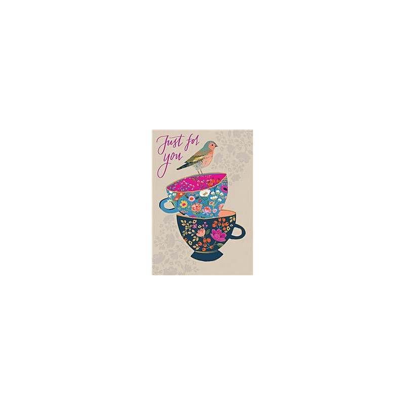 Female Bird on Colourful Teacups Greeting Card