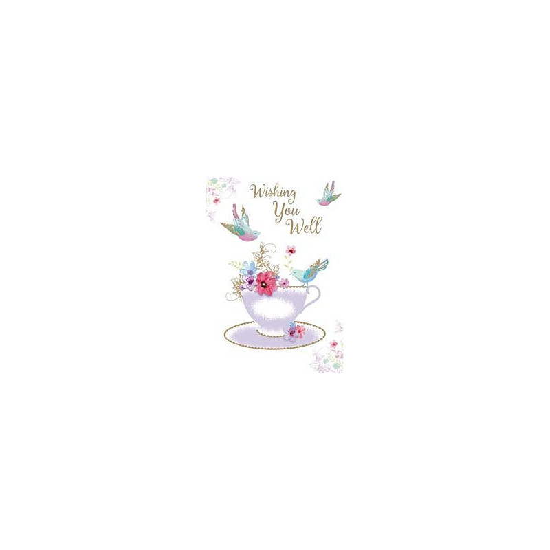 Get Well Fem Tea Cup Saucer and Birds Greeting Card