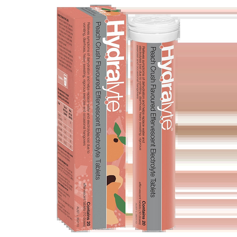 Hydralyte Effervescent Electrolyte Tablets Peach Crush Flavoured 20 Tablets