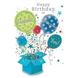 Male Balloons Coming Out of Box Greeting Card