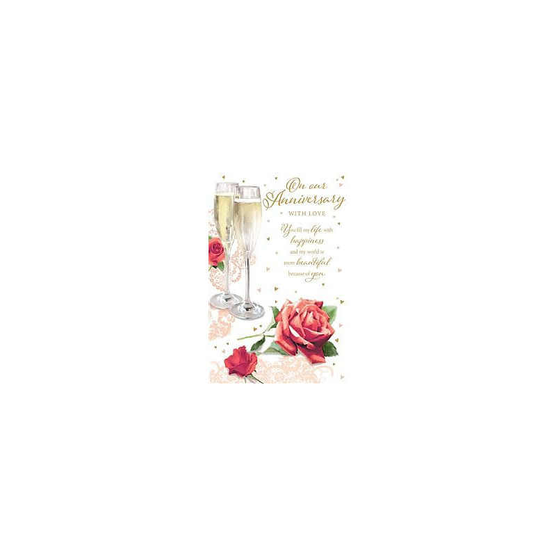 Our Anniv Two Glasses and Rose Greeting Card